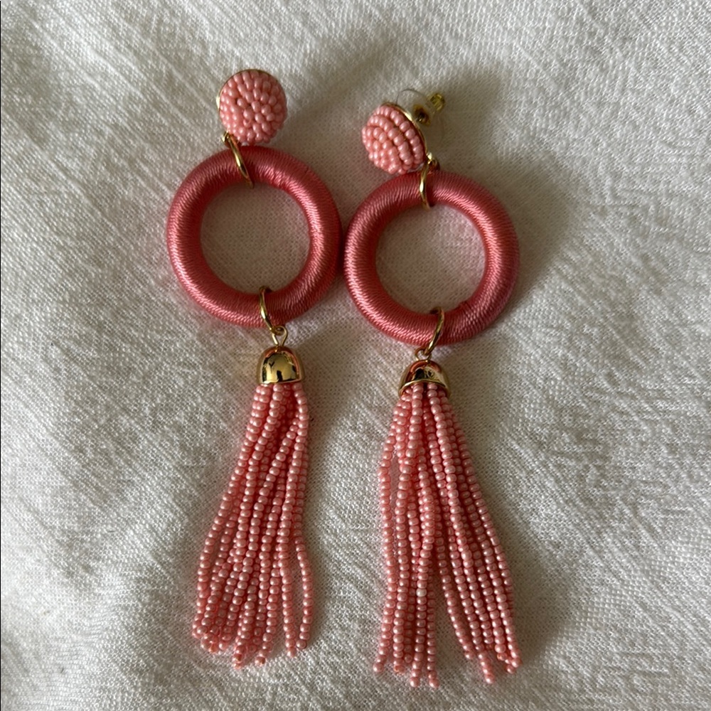 Pink Statement Hoop Earrings with Beaded Tassels